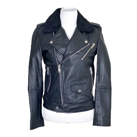 Deadwood Black Recycled Leather Biker Jacket with Faux Shearling Collar Size 34 - Picture 1 of 4